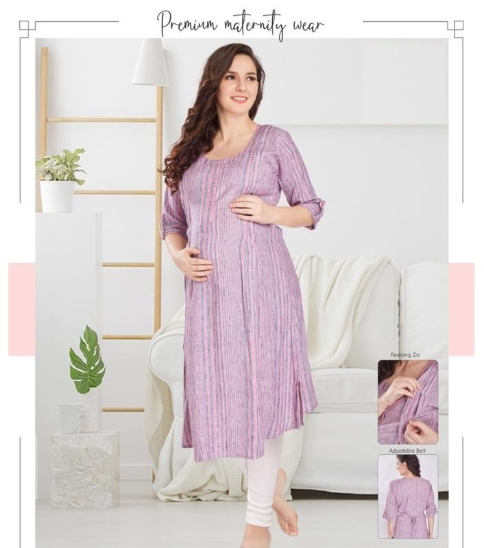 Minelli Maternity & Nursing Kurti with enclosed Zip and adjustable Belt - Light Lavender