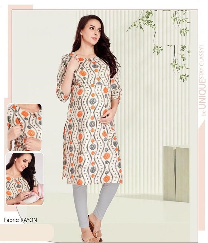 Minelli Maternity & Nursing / Feeding  Kurti with enclosed Zip- Orange & White