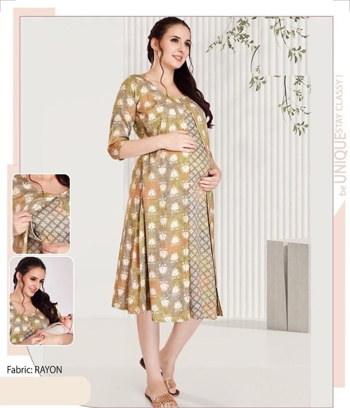 Minelli Printed Maternity / Feeding Gown - Brown Flowers Full Jacket 3/4th Minelli Printed Maternity / Feeding Gown - Brown Flowers Full Jacket 3/4th
