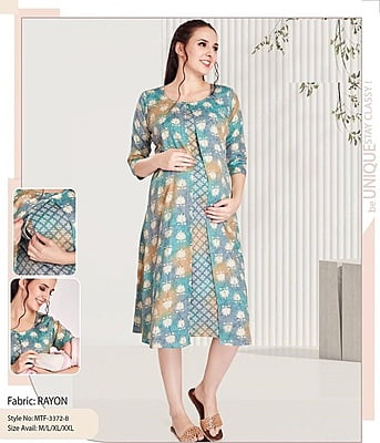 Minelli Printed Maternity / Feeding Gown - Blue Flowers Full Jacket 3/4th