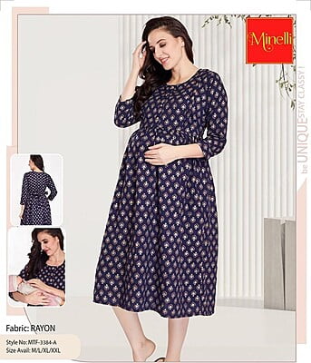 Minelli Printed Maternity / Feeding Gown - Dark Blue 3/4th Gown