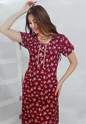 Minelli Full Length Cotton Nightdress - Maroon Leaves