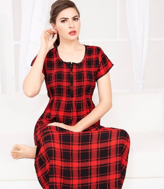 Minelli Smocking Rayon Nighty - Red Checks Minelli Smocking Rayon Nighty - Red Checks