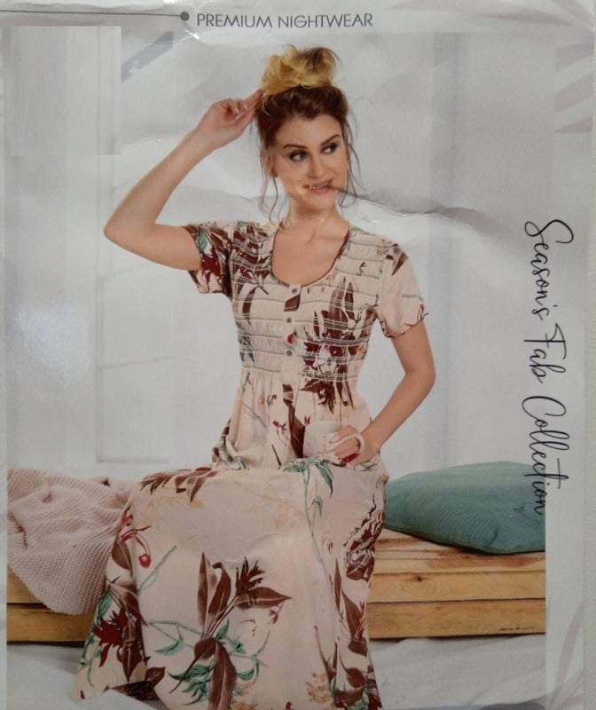 Minelli Smocking Rayon Nighty - Cream & Brown Minelli Smocking Rayon Nighty - Cream & Brown