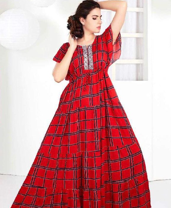 Minelli Womens Printed Ghagra Nighty - Red Checks Minelli Womens Printed Ghagra Nighty - Red Checks