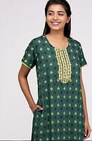 Maybell All Over Ethnic Print Nighty With Intricate Ditsy Floral Embroidery Green