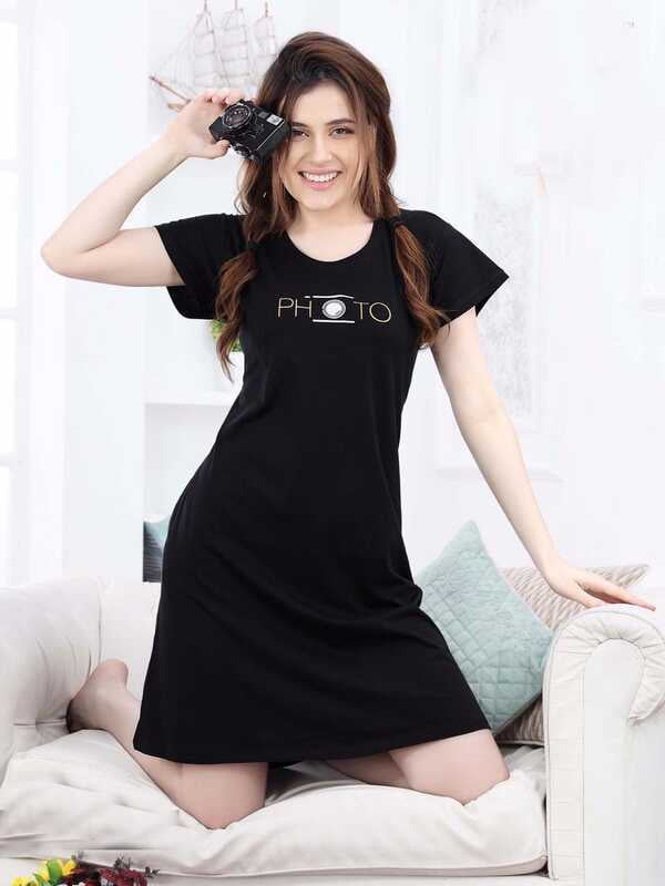 Photo image text printed Short Nighty - Hosiery Cotton Photo image text printed Short Nighty - Hosiery Cotton