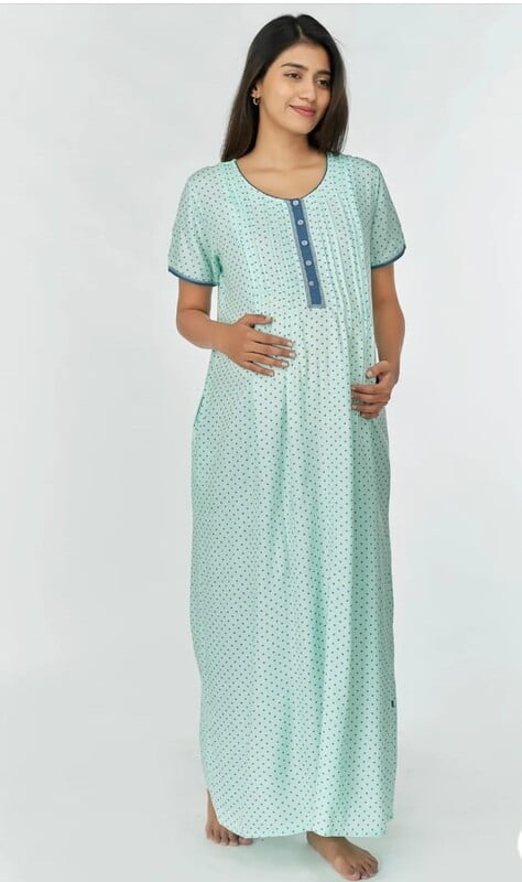 Young Mother All Over Polka Dot Printed Maternity Nighty - Blue