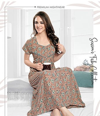 Minelli Full Length Pleat Alpine Cotton Nightdress - Lite Brown