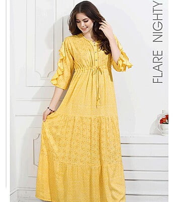 Minelli Womens Printed Flare Rayon Nighty - Yellow