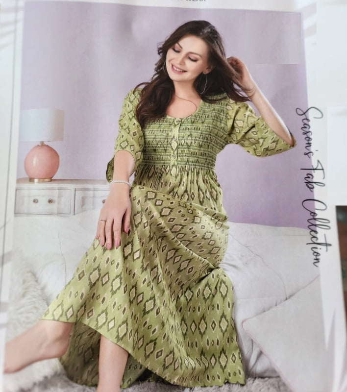 Minelli Smocking Rayon Nighty - Green Rectangle Minelli Smocking Rayon Nighty - Green Rectangle