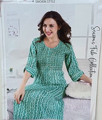 Minelli Smocking Rayon Nighty - Green Zig Zag