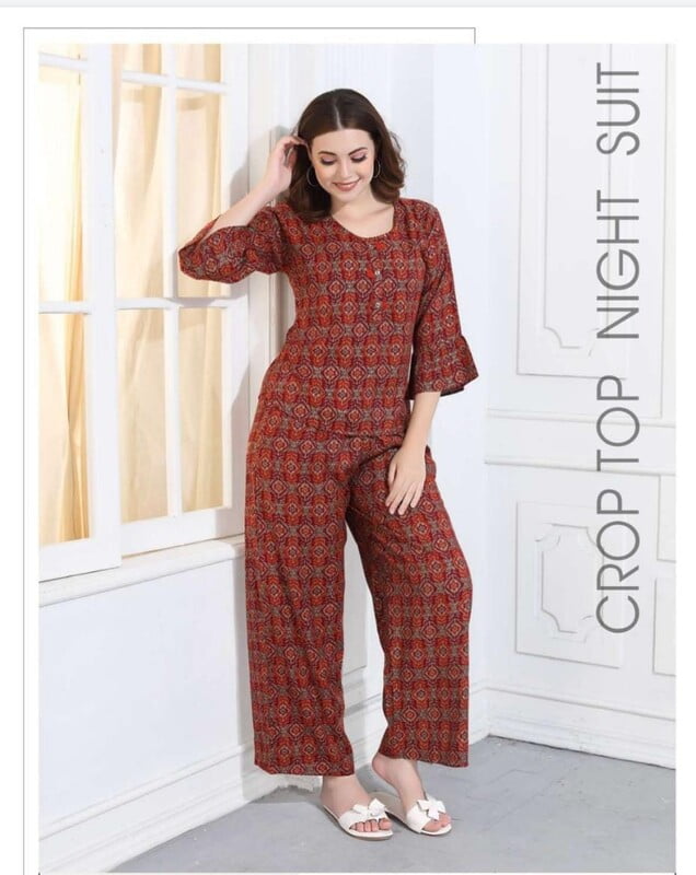 Minelli Crop Top Night Suit - Brown Minelli Crop Top Night Suit - Brown