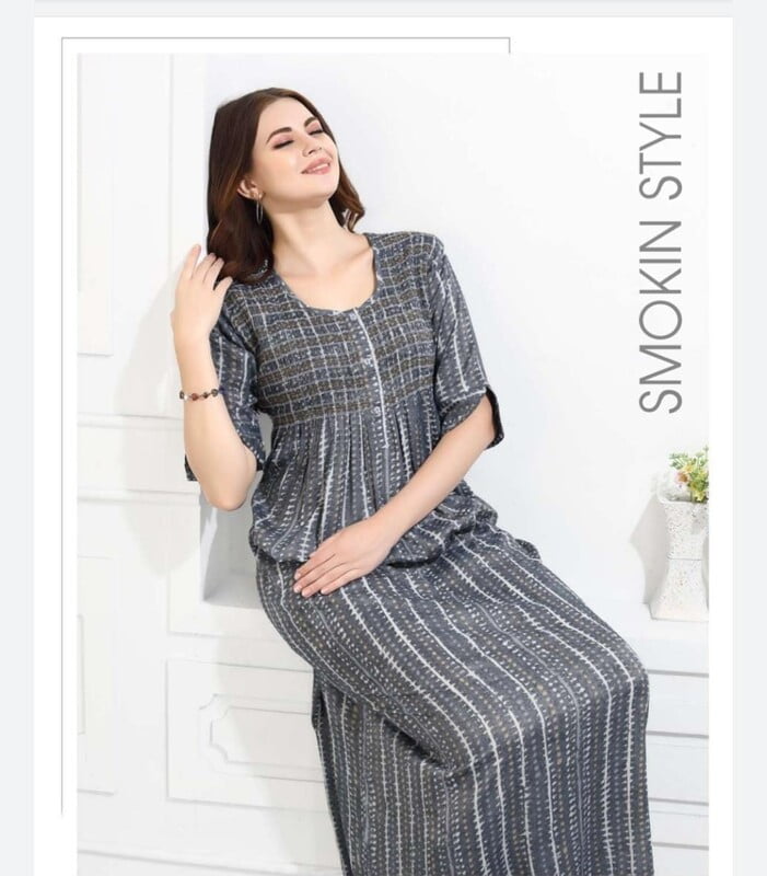 Minelli Smocking Rayon Nighty - Grey Minelli Smocking Rayon Nighty - Grey