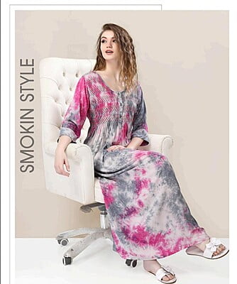 Minelli Tie & Dye Smocking Rayon Nighty - Pink