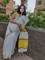 Yellow Sunshine in White - Khadi Cotton - Hand Crafted Saree