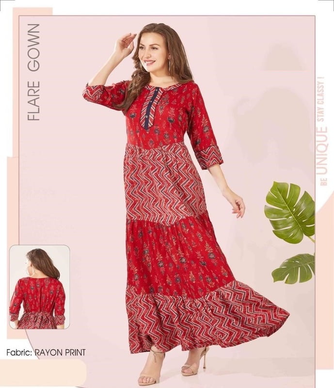 Minelli Womens Printed Flare Rayon Ghagra Nighty - 4728A Minelli Womens Printed Flare Rayon Ghagra Nighty - 4728A