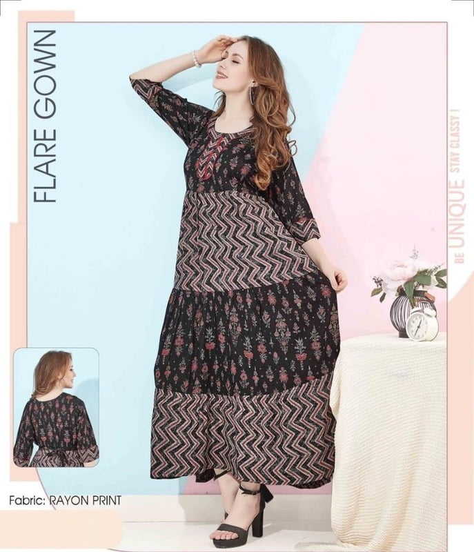 Minelli Womens Printed Flare Rayon Ghagra Nighty - 4728B Minelli Womens Printed Flare Rayon Ghagra Nighty - 4728B