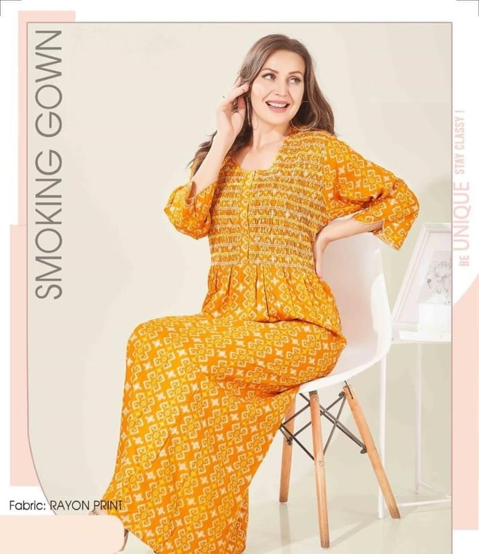 Minelli Womens Printed Smoking Gown Nighty - 4739A Minelli Womens Printed Smoking Gown Nighty - 4739A