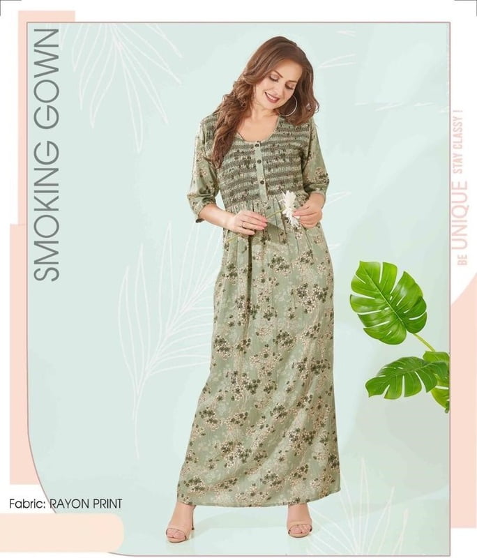 Minelli Womens Printed Smoking Gown Nighty - 4741A Minelli Womens Printed Smoking Gown Nighty - 4741A
