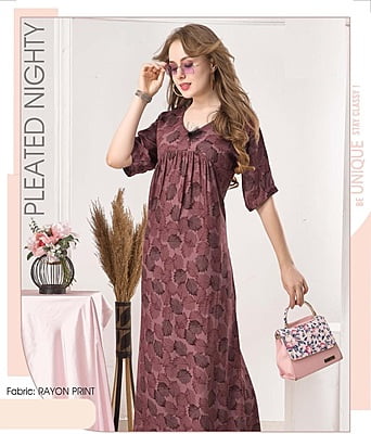 Minelli Full Length Pleated Rayon Print Nightdress Gown - 4757C