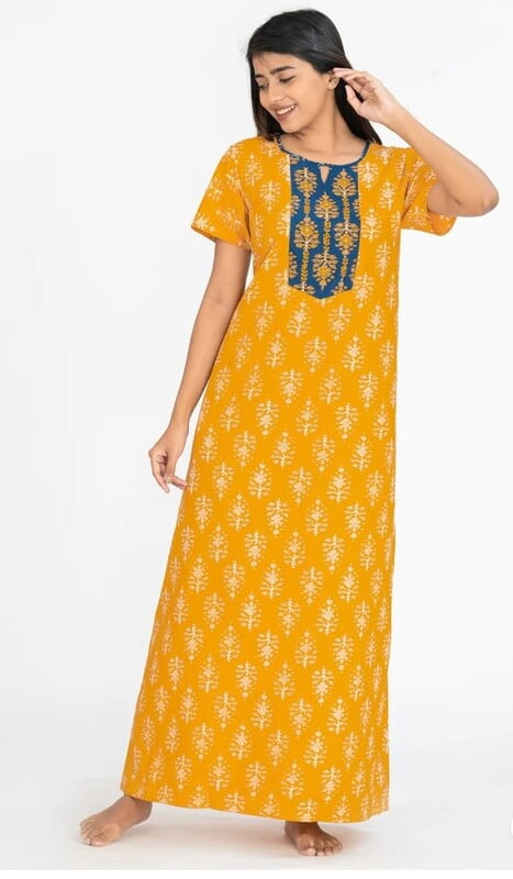 Maybell All Over Bagh Print With Contrast Embroidered Yoke Nighty - Yellow