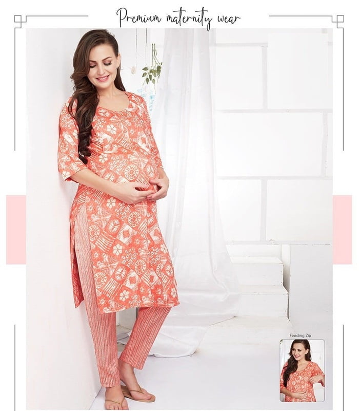 Minelli Maternity / Feeding Kurti  & Pant Set - Orange