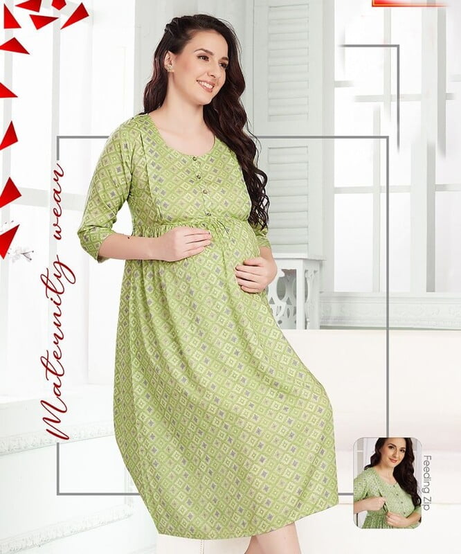 Minelli Premium Maternity / Feeding Full Length Nighty - Green Squares