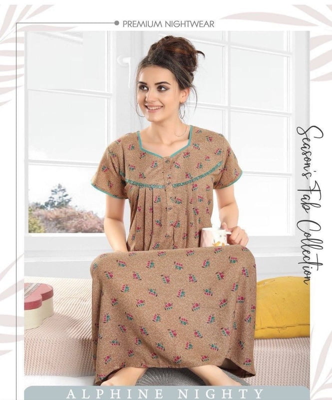 Minelli Pleat Alpine Nightdress - Light Brown Flower Minelli Pleat Alpine Nightdress - Light Brown Flower