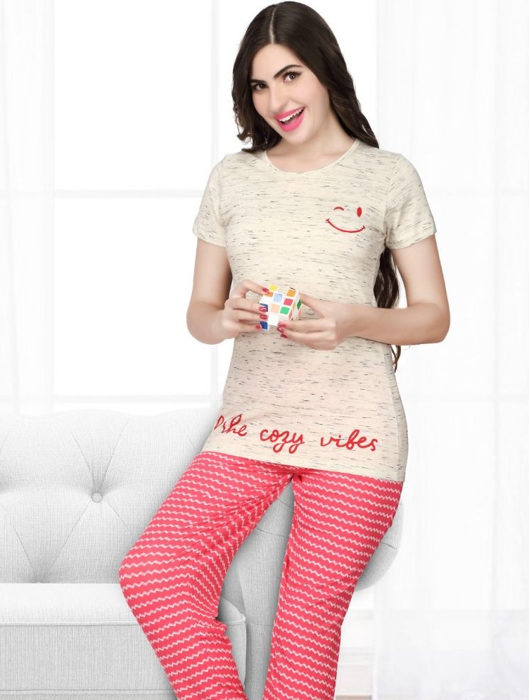 Goldstroms Cream & Pink Printed Hosiery Cotton  Pyjama Set