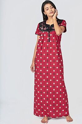Maybell Geometric Tribal Motif Print Nighty With Floral Embroidery Red