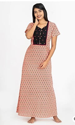 Maybell All Over Geometric Motif Print With Contrast Embroidered Yoke Nighty - Peach