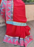 Red Chiffon with Kashmiri Thread Work  - Hand Crafted Saree