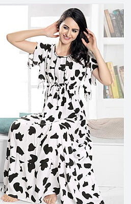 Minelli Womens Printed Semi Ghagra Nighty - Black & White