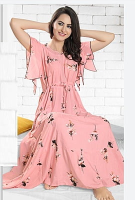 Minelli Womens Printed Semi Ghagra Nighty - Pink Flowers