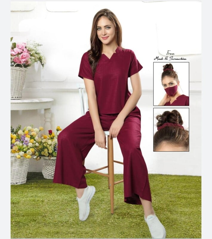 Minelli Palazzo Night Suit Linen - Maroon ( Free Mask & Scrunchies)