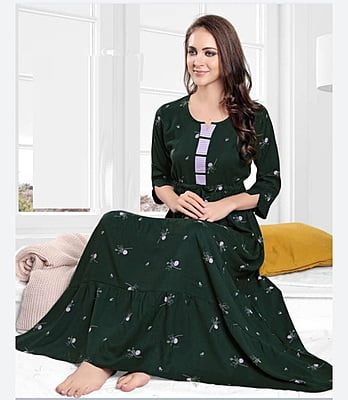 Minelli Womens Printed Ghagra Nighty - Olive Green