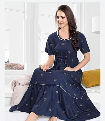 Minelli Womens Printed Ghagra Nighty - Dark Blue