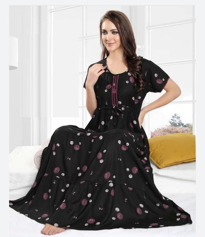 Minelli Womens Printed Ghagra Nighty - Black Purple Minelli Womens Printed Ghagra Nighty - Black Purple