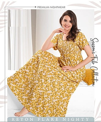 Minelli Womens Printed Smoking Ghagra Nighty - Yellow