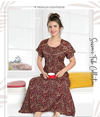 Minelli Full Length Pleat Alpine Cotton Nightdress - Brown Circles