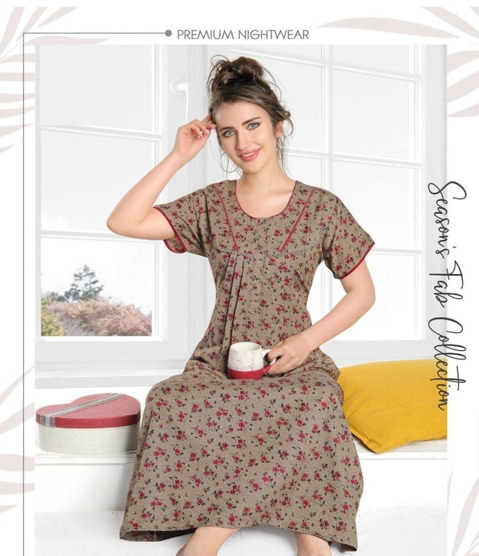 Minelli Full Length Pleat Alpine Cotton Nightdress - Grey & Pink Minelli Full Length Pleat Alpine Cotton Nightdress - Grey & Pink