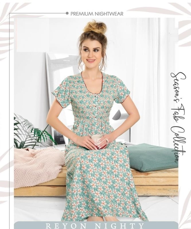 Minelli Smocking Rayon Nighty - Light Green Flowers Minelli Smocking Rayon Nighty - Light Green Flowers