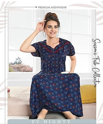 Minelli Full Length Pleat Alpine Cotton Nightdress - Dark Blue