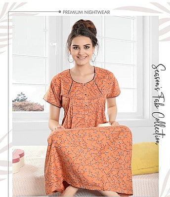 Minelli Full Length Pleat Alpine Cotton Nightdress - Orange Pattern