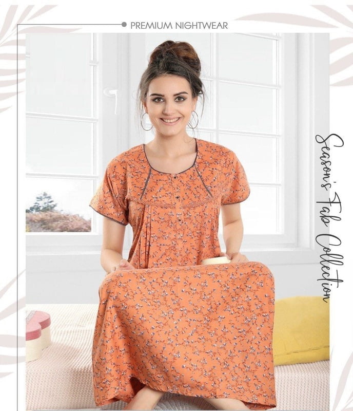 Minelli Full Length Pleat Alpine Cotton Nightdress - Orange Pattern