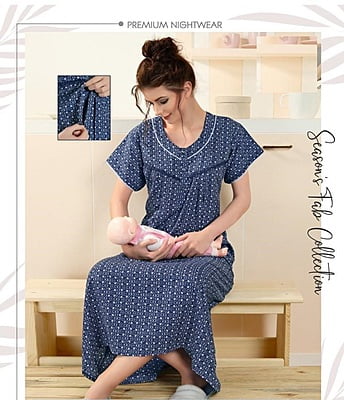 Minelli Printed Maternity / Feeding Full Length Cotton Nighty - Blue Circle