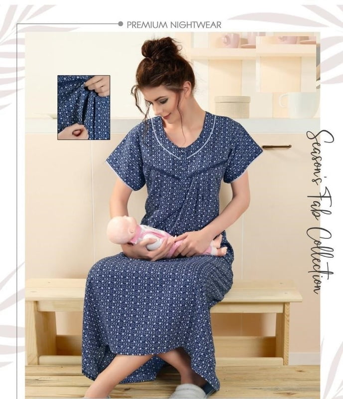 Minelli Printed Maternity / Feeding Full Length Cotton Nighty - Blue Circle Minelli Printed Maternity / Feeding Full Length Cotton Nighty - Blue Circle