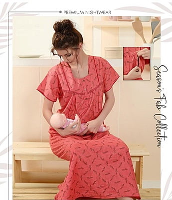 Minelli Printed Maternity / Feeding Full Length Cotton Nighty - Pink Lines