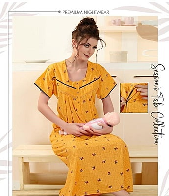 Copy of Minelli Printed Maternity / Feeding Full Length Cotton Nighty - Mustard